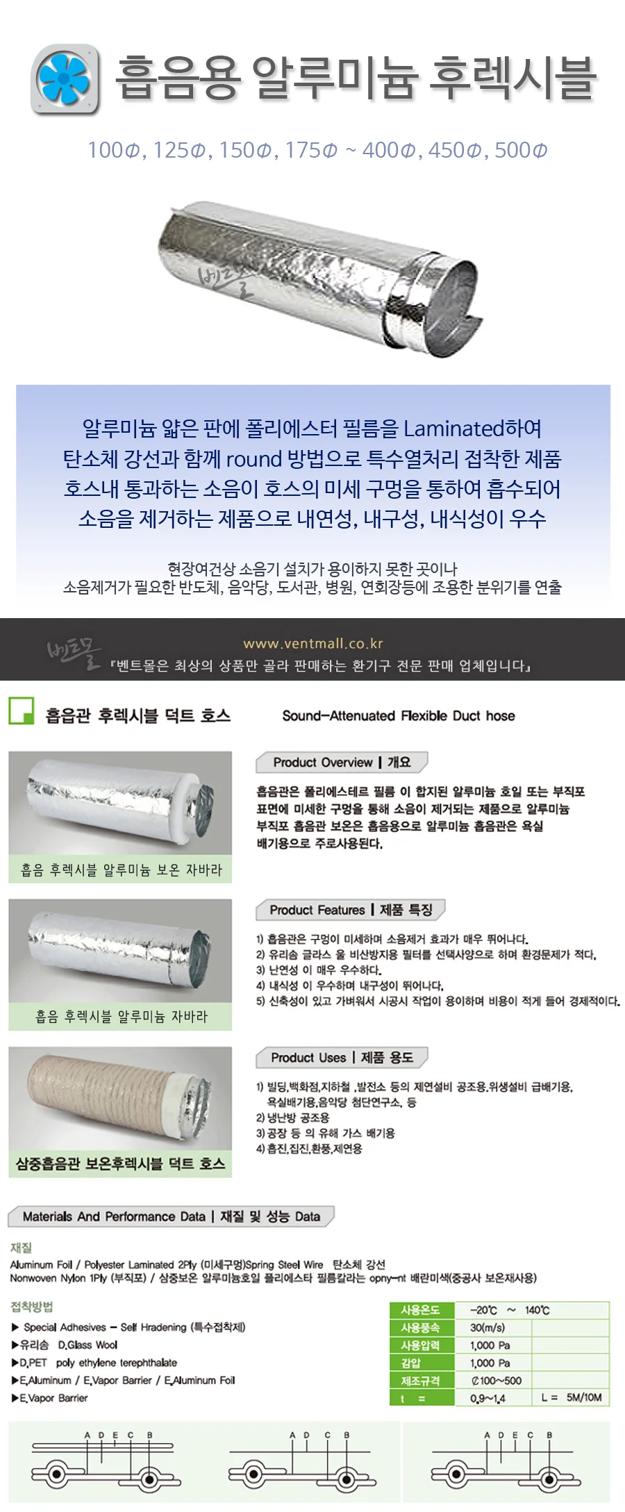 흡음후렉시블 알루미늄 자바라 100파이~500파이 상세 이미지 2