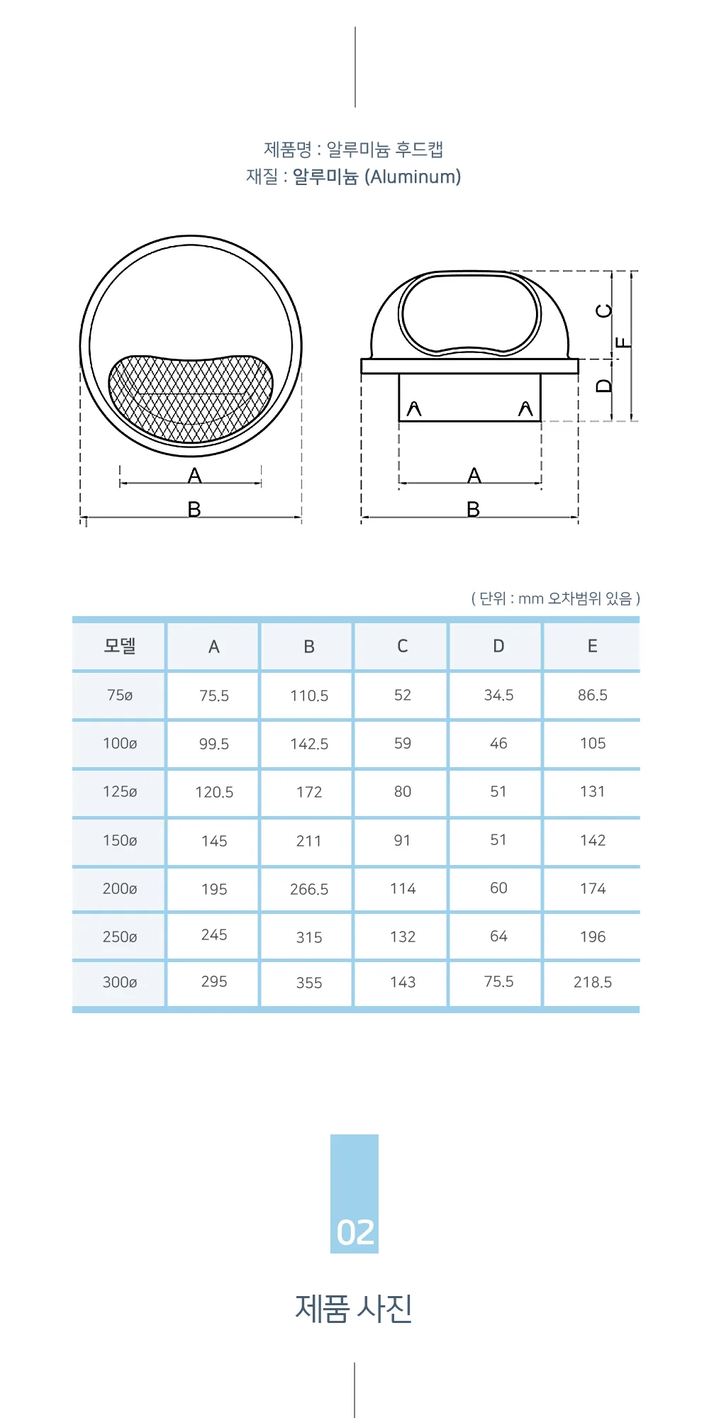 알루미늄 후드캡 75파이 ~ 350파이 상세 이미지 3