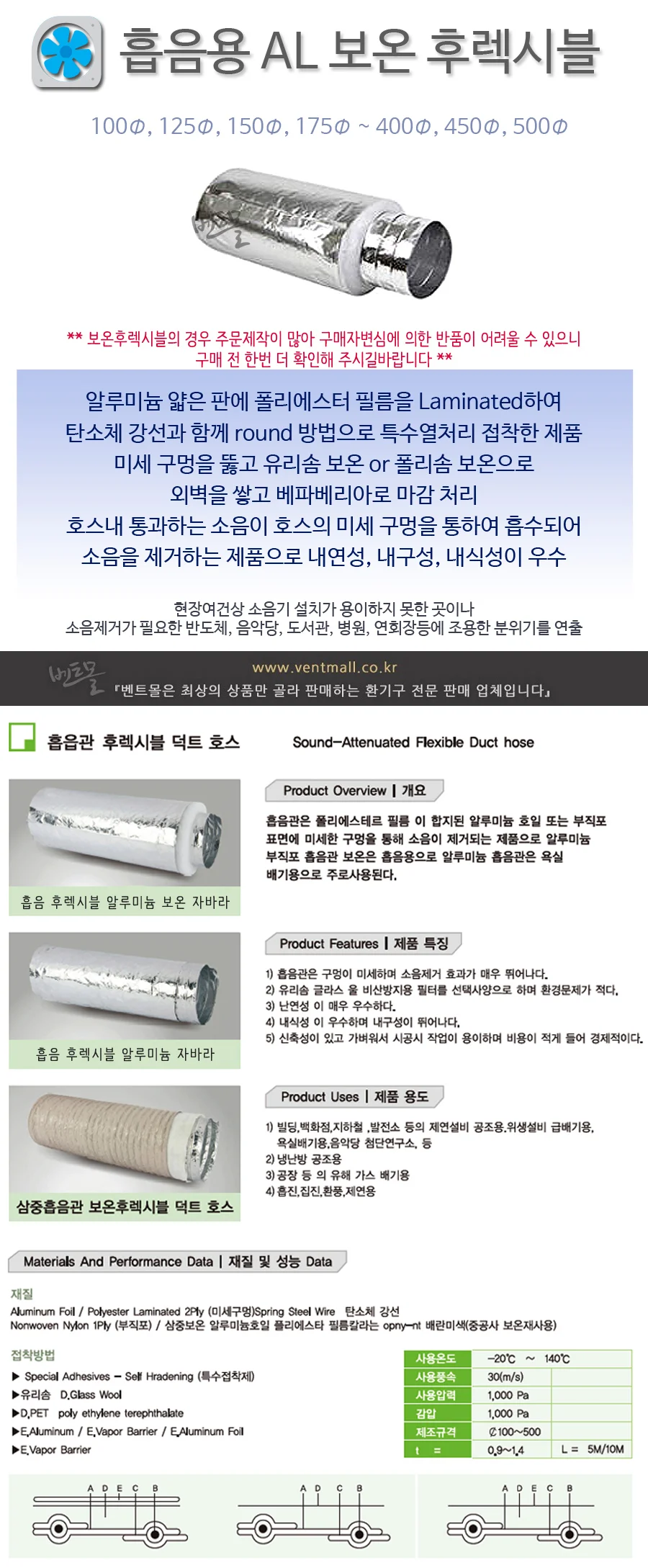 흡음 후렉시블 알루미늄 보온 자바라 / 폴리솜 250~500파이 상세 이미지 2